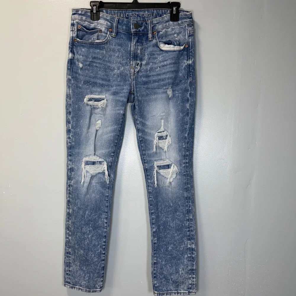 American Eagle Ne(x)t Level Airflex Distressed Slim Jeans‎ Light Acid Wash 32x30
